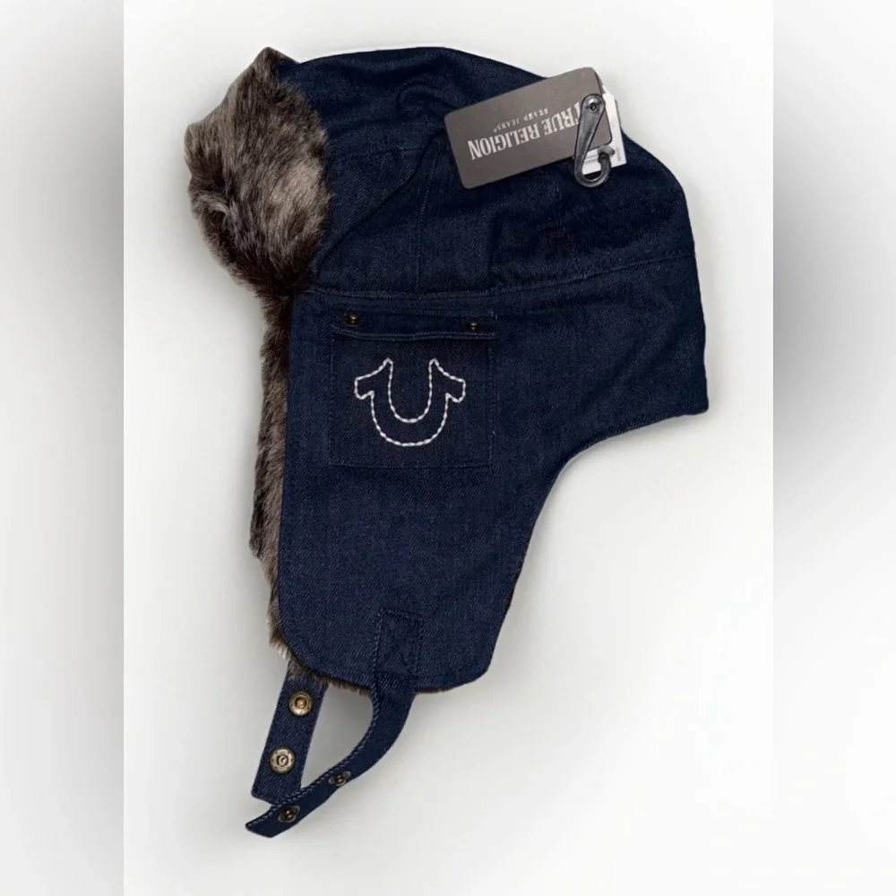 True Religion Blue Denim Trapper Hat with Faux Fur
